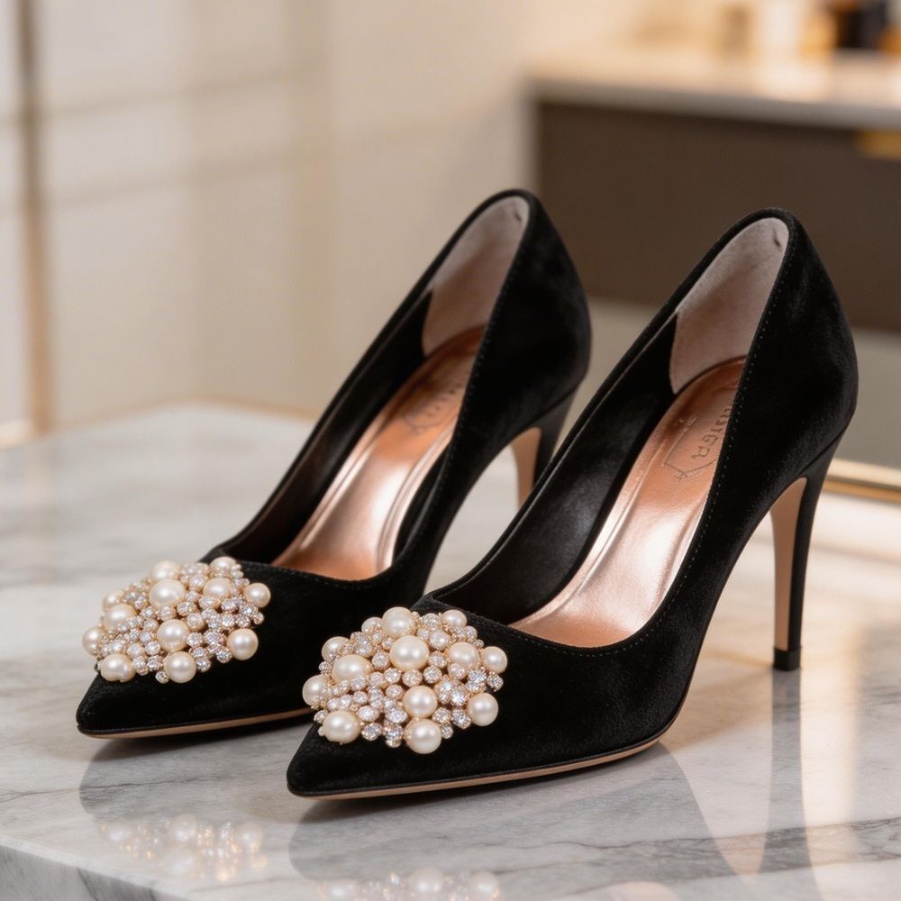 TED BAKER LONDON WOMENS DAHRLIN BLACK VELVET PUMPS WITH BROOCH SIZE 39 OR 8